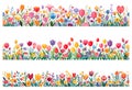 Horizontal flowers borders. Spring blooming floral border decors, vector tender flowers edging graphics on white Royalty Free Stock Photo