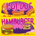 Hot dog masHorizontal flyer hotdog hamburger character letters forest. Banner flyer cover artwork design on isolated yellow