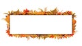 Horizontal frame of autumn leaves around a white empty rectangle.