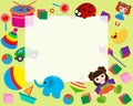 Horizontal frame border with colorful toys in cartoon style banner vector illustration. Place for photo, picture