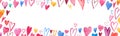 Horizontal frame with bright and colorful watercolor pink yellow red and blue hearts isolated. Happy Valentine's Day Royalty Free Stock Photo