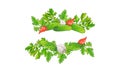 A horizontal frame of bright watercolor hand-drawn vegetables for decoration of cards, textiles, shop windows, packaging