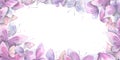 Horizontal frame of delicate, lilac and pink butterflies. Watercolor illustration. For registration and design of