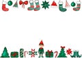 Horizontal frame of different Christmas elements in red and green from above and below on a white background. Royalty Free Stock Photo