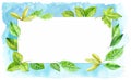 Horizontal frame made of various leaves in watercolor On a blue background. Hand-painted design elements.