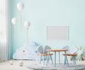 Horizontal frame mock up in children room interior in light blue tones with kids table and chairs, soft toys and balloons, 3d Royalty Free Stock Photo