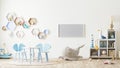 Horizontal frame mock up in children`s playroom interior with toys, kids furniture, table with chairs, shelves, scandinavian styl Royalty Free Stock Photo