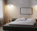 Horizontal frame mock up in modern bedroom interior in dark with lamp light, 3d rendering