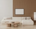 Horizontal frame mock up in modern living room interior with wooden wall panel and white sofa, 3d