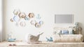Horizontal frame mock up in stylish children`s room interior in light tones with toys, bed and shelves, 3d rendering Royalty Free Stock Photo