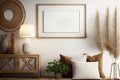 Horizontal frame mockup in boho living room interior, Generative AI Royalty Free Stock Photo