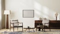 Horizontal frame mockup in bright modern living room interior in neutral colors with armchairs, floor lamp, rug and coffee table, Royalty Free Stock Photo