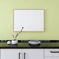 Horizontal frame mockup in a kitchen with a green wall and decoration with an ornamental plant and tableware Royalty Free Stock Photo