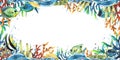 Horizontal frame with sea corals, algae, tropical fish, waves, bubbles. Watercolor illustration. For the design and