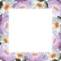 Horizontal frame with watercolor purple waterlilies For decoration, ads, frameworks, Women& x27;s day 2024 birthday