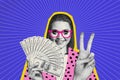 Horizontal funny composite collage photo montage of happy successful girl with painted makeup and glasses hold bunch of Royalty Free Stock Photo