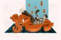 Horizontal funny surreal promo collage photo of excited young man laying on giant dollar sign hold laptop work online