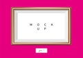 Horizontal golden frame on pink wall. Vector EPS10 illustration. Wall picture frame mock-up. Royalty Free Stock Photo