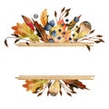 Horizontal golden frame with watercolor autumn tree leaves, forest berries and feathers