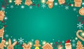 Horizontal green Christmas gingerbread background. Xmas design with cookies