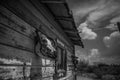 Horizontal greyscale shot of a goat skull hanging on a wooden cabin on the Route 66 street