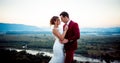 Horizontal Half Length Wedding Portrait Charming Beautiful Newlywed Couple Tenderly Hugging Landscape Mountains River