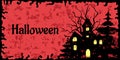 Horizontal Halloween banner on a blood-red background. Scary black house, forest with silhouettes of black trees. Vector Royalty Free Stock Photo