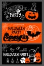 Horizontal halloween banner web template set. Hand drawn smiling scary pumpkin black silhouette moon bat spider witchs Royalty Free Stock Photo
