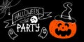 Horizontal halloween party web banner. Header featuring hand drawn orange pumpkin in magic hat spider webs skull ghosts and