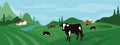 Horizontal illustration of Alpine agricultural landscape with tractor and cows