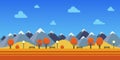 horizontal illustration of autumn park with view of the snowy peaks of the mountains in retro platformer style Royalty Free Stock Photo