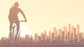 Horizontal illustration of cyclist rides in big city at sunset.