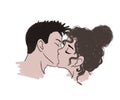 horizontal illustration. gentle romantic kiss of a young guy and a girl of European appearance on a white background