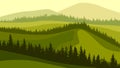 Horizontal illustration of meadow hills and wavy coniferous forest tops. Royalty Free Stock Photo