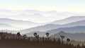 Horizontal illustration of morning misty in forest hills. Royalty Free Stock Photo