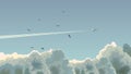 Horizontal illustration of plane among clouds.