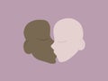 romantic gentle kiss of two bald people. hairless lovers african american and european kiss with closed eyes on a pink background