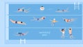 Horizontal illustration with swimmers in swimming pool. Top view. Various people and kids in water, swim in different