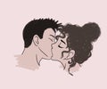 horizontal illustration. tender romantic kiss of a young european couple on a pastel pink background