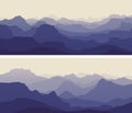 Horizontal illustration of twilight in rocky low mountains.