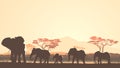 Horizontal illustration of wild animals in African sunset savanna.