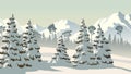 Horizontal illustration of winter coniferous forest with mountains. Royalty Free Stock Photo