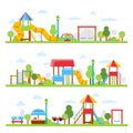 Horizontal illustrations with various views of children playground in urban park