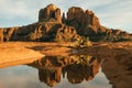 Horizontal image of cathedral rock seen from secret slickrock with reflection of geological sandstone rock formations and spires