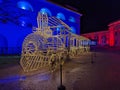 Horizontal image of Christmas Lights in the form of an old train in Ehrenbreitstein Fortress Royalty Free Stock Photo