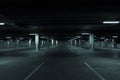 Horizontal image of dark underground parking lot