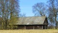 Horizontal image of an old rustic abandoned house and trees on classic blue sky background. Countryside concept Royalty Free Stock Photo