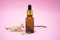 Transparent brown glass drop bottle with natural white flowers and oil pills on pink background Royalty Free Stock Photo