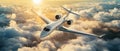 A horizontal image of a private jet traversing the earth, featuring an expansive blue sky and white clouds, symbolizing Royalty Free Stock Photo