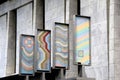 Gorgeous architecture of marble building with four pieces of art encased in metal, Albany, New York, 2017